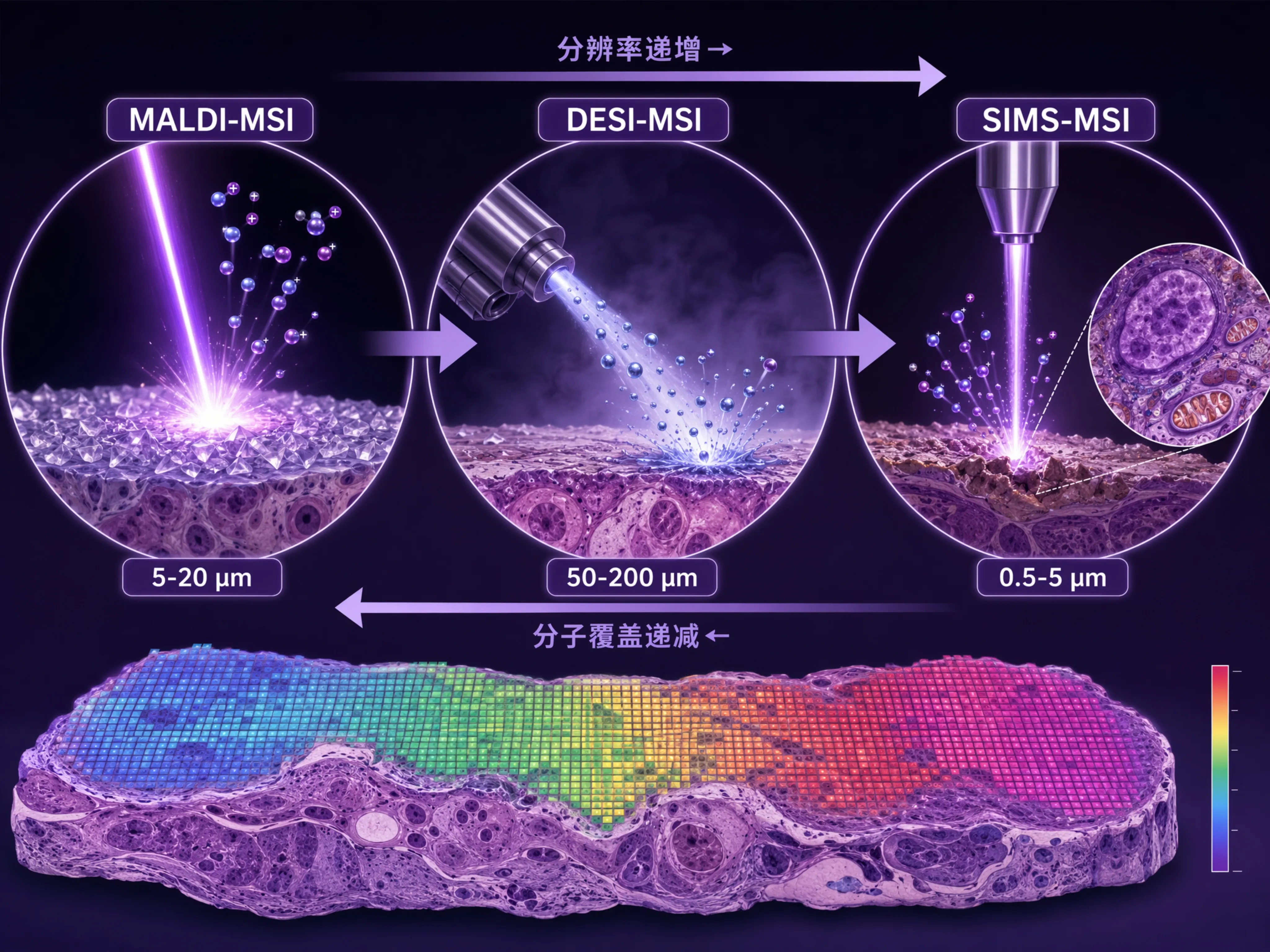 MALDI-MSI、DESI-MSI、SIMS-MSI三种质谱成像技术空间分辨率对比与生物组织脂质定位应用示意图