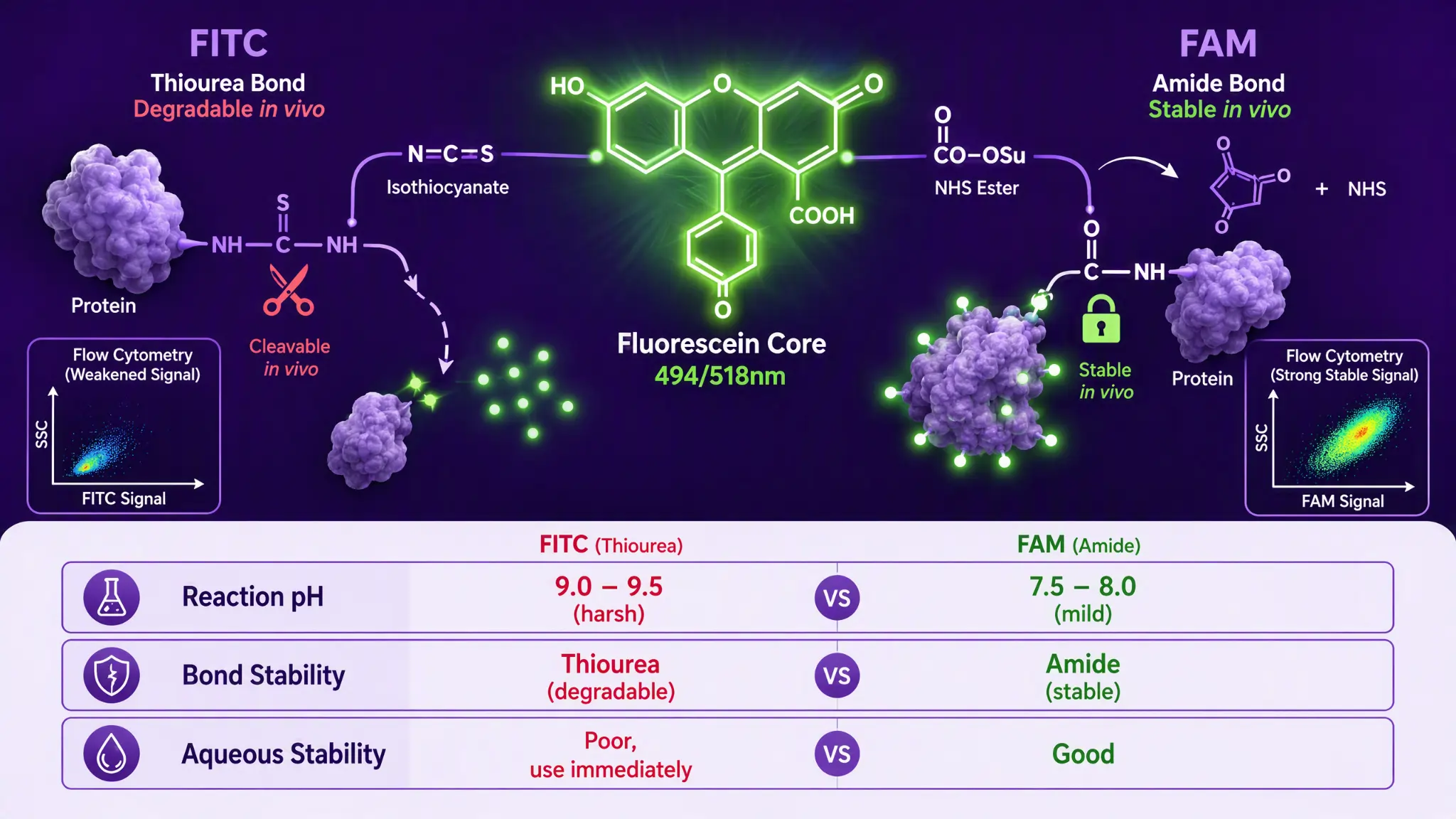 FITC vs FAM：同一个荧光素母核，两种连接化学的选型决策