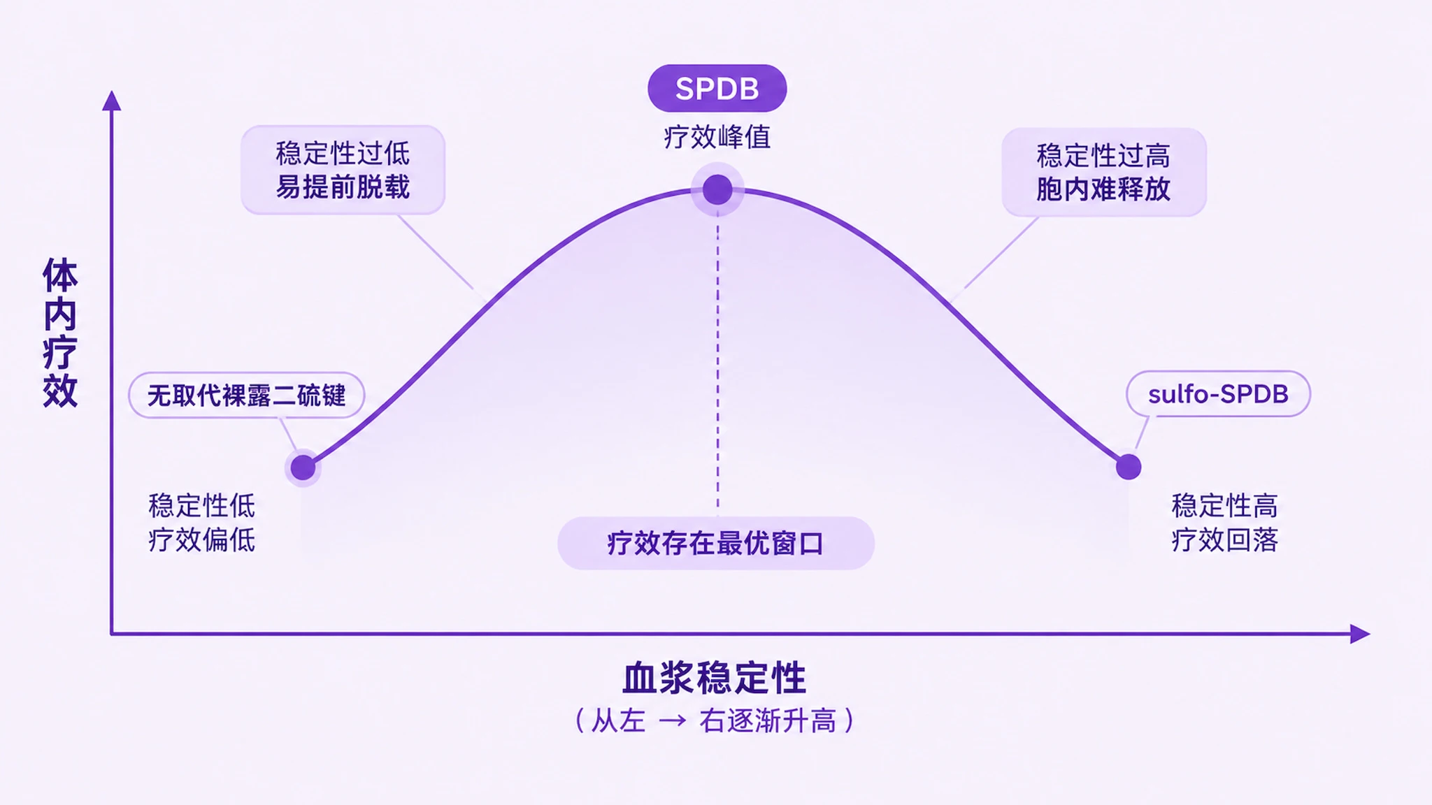 血浆稳定性与体内疗效的倒U型关系示意图，横轴为血浆稳定性由低到高，纵轴为体内疗效，曲线左端无取代偏低、中间SPDB处为峰值、右端高位阻回落