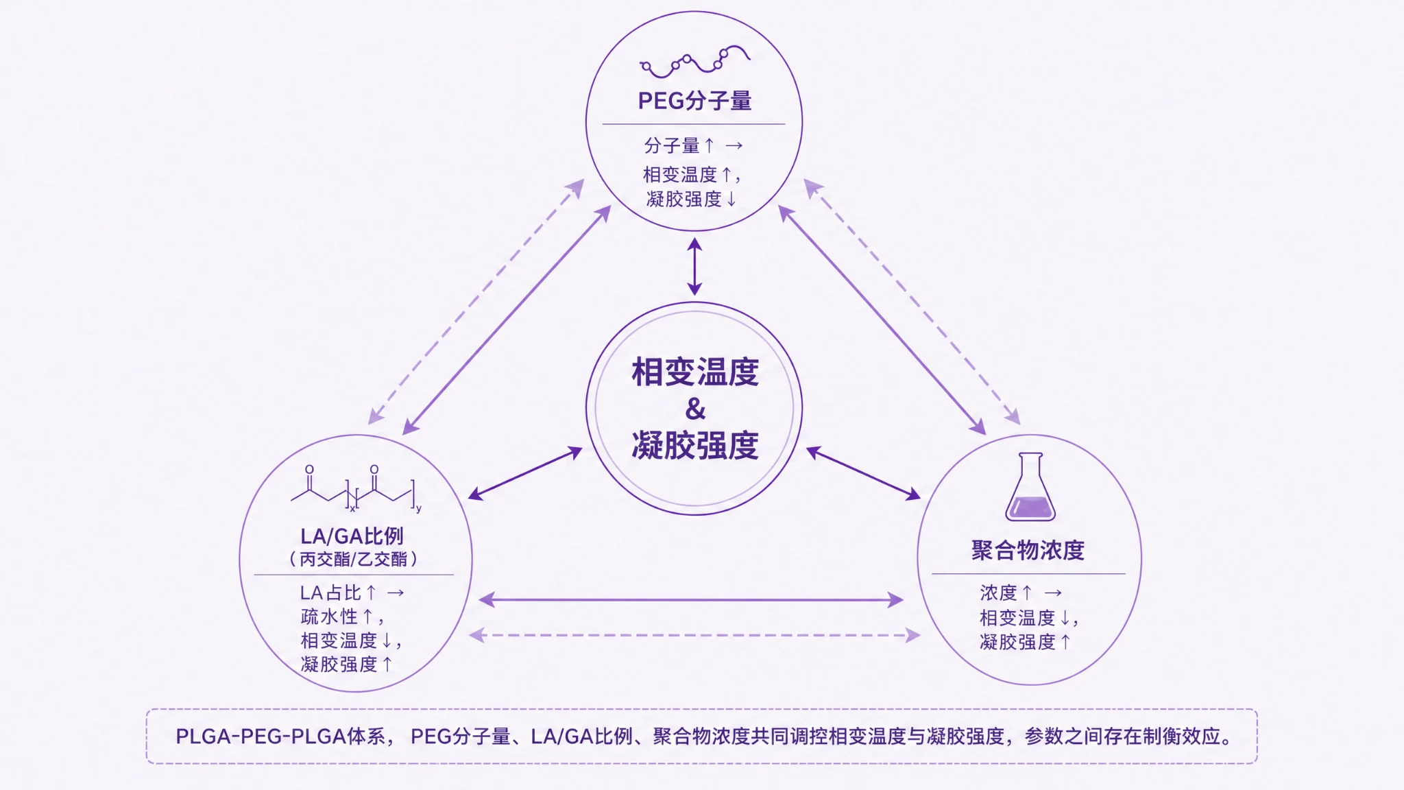 PEG分子量、LA/GA比例、聚合物浓度三个参数对相变温度与凝胶强度的牵制关系示意图:PEG分子量与LA/GA比例在合成阶段锁定成胶窗口位置,聚合物浓度是唯一可在合成后微调的变量且方向相反,浓度升高则成胶温度下降